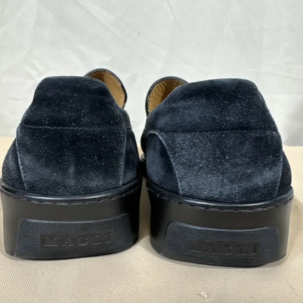 Bruno Magli Men 9.5 Navy Blue Suede Loafers Moc Toe Italian Luxury Shoe Heritage